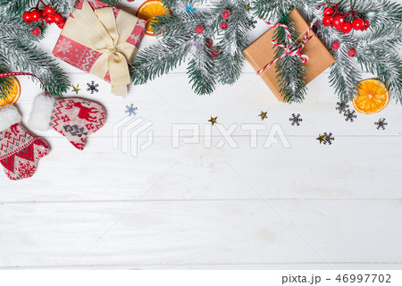Old wood background with fir branches. Holiday 46997702