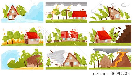 Flat vectoe set of natural disasters. Wildfire, volcanic eruption, avalanche, strong tornado 46999285