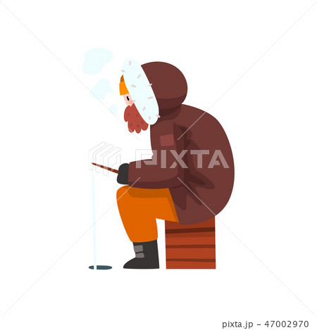 Warmly dressed man fishing in a frozen river, extremal ice winter fishing, side view vector 47002970