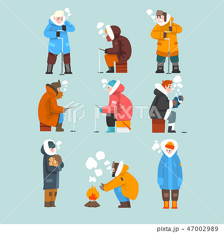 Men fishing in a frozen river or lake in winter clothing set, extremal ice winter fishing, outdoor 47002989