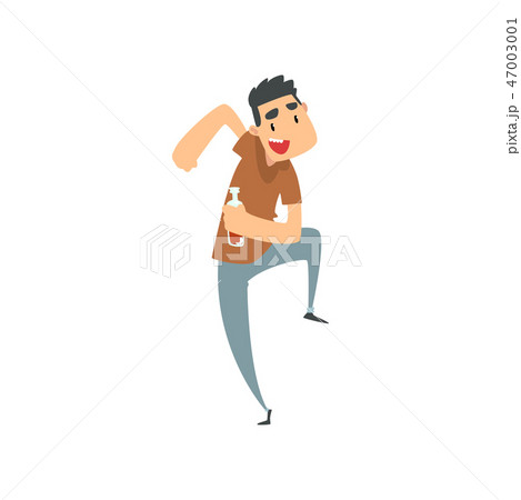 Cheerful drunk man with bottle of alcohol drink in his hand, funny guy character drinking alcohol 47003001