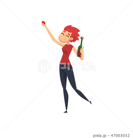 Happy girl with bottle of alcohol drink in her hands, smiling young woman character drinking alcohol Happy girl with bottle of alcohol drink in her hands, smiling young woman character drinking alcohol 47003032