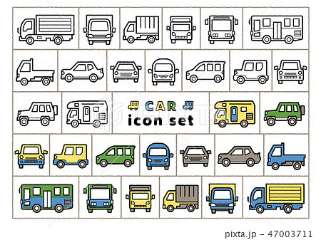 車のアイコンセット 手書風線画のみと手書風線画に着色 のイラスト素材