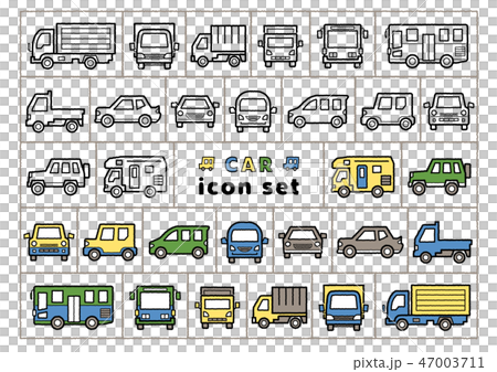 車のアイコンセット 手書風線画のみと手書風線画に着色 のイラスト素材