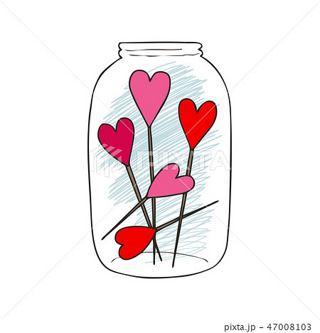 Hand drawn vector illustration of a mason jar with red hearts, wedding and romance concept 47008103