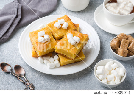 Pieces of delicious pumpkin pie with marshmallow Pieces of delicious pumpkin pie with marshmallow 47009011