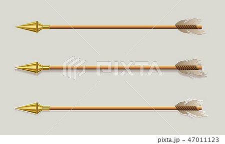 Arrow with golden arrowhead, tip and white plumage, design element. 47011123