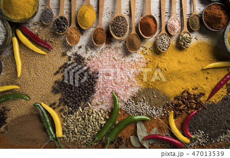 Assortment of spices in wooden bowl background Assortment of spices in wooden bowl background 47013539