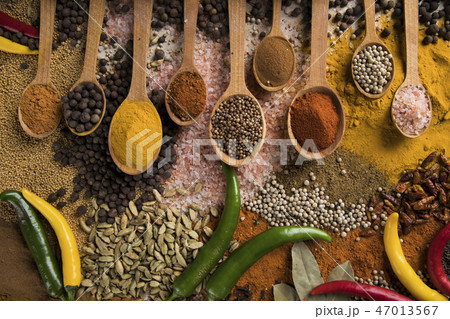 Assortment of spices in wooden bowl background Assortment of spices in wooden bowl background 47013567