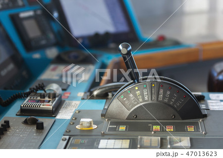 Control panel of a cargo merchant ship with stick in slow ahead mode. Control panel of a cargo merchant ship with stick in slow ahead mode. 47013623