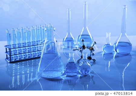 Laboratory beakers,Science experiment, blue  47013814