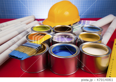 Brush, Paint cans palette, red background Brush, Paint cans palette, red background 47014061