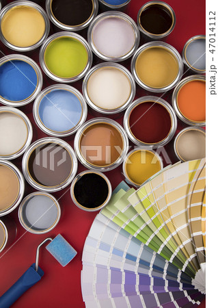 Brush, Paint cans palette, red background Brush, Paint cans palette, red background 47014112