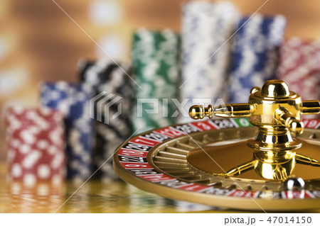 Poker Chips, Roulette wheel in motion, casino Poker Chips, Roulette wheel in motion, casino 47014150