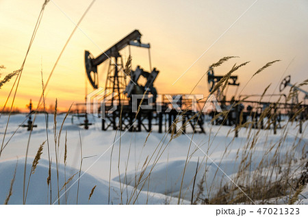 Oilfield during sunset in winter time 47021323