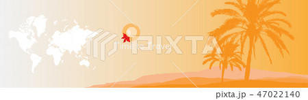 Time to Travel. Banner with silhouettes of tropical palm trees and world map on a orange background 47022140