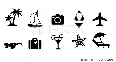 Set of black flat travel and vacation vector icons. Palm tree, sailing ship, camera, bikini swimsuit 47032069