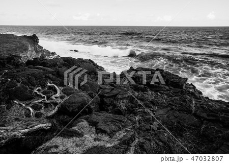 Black and white photo strong wave of white sea beats on the rocks 47032807
