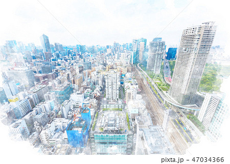 東京の都市風景 水彩画風のイラスト素材 [47034366] - PIXTA