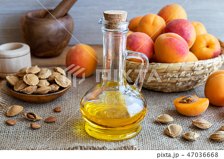 A bottle of apricot kernel oil with fresh apricots 47036668