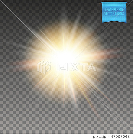 Abstract glowing warm yellow sun, star burst on transparent background. 47037048