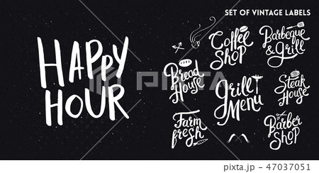 Set of white typographic hand drawn vintage text labels on black. 47037051