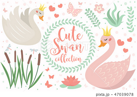 Cute Swan Princess Character Set Of Objects のイラスト素材
