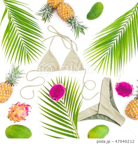 Pineapple, dragon fruit and mango, palm leaves Pineapple, dragon fruit and mango, palm leaves 47040212