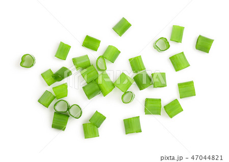 Chopped fresh green onions isolated on white background. Top view 47044821