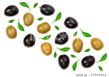 Green and black olives isolated on a white background with copy space for your text. Top view. Flat 47045033