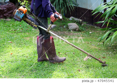 Asian men are using a lawn mower in the garden. 47045541
