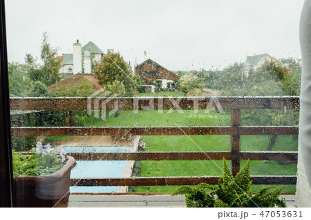 Rain drops on window with green tree in background 47053631