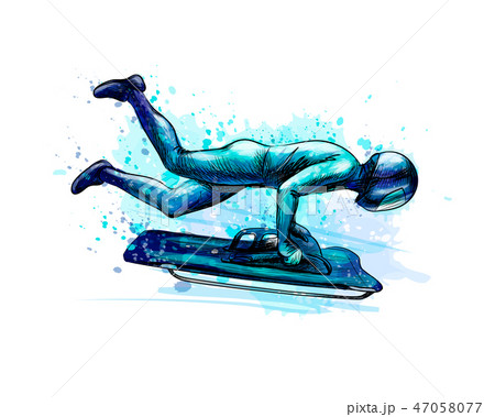 Skeleton from splash of watercolors. Hand drawn sketch. Winter sport descent on a sleigh Skeleton from splash of watercolors. Hand drawn sketch. Winter sport descent on a sleigh 47058077