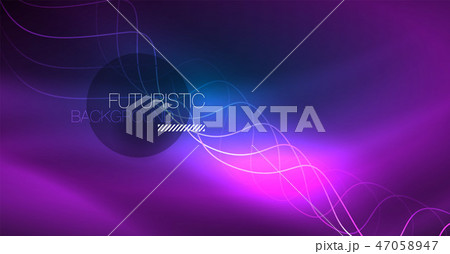 Glowing abstract wave on dark, shiny motion, Christmas and New Year magic space light. Techno 47058947