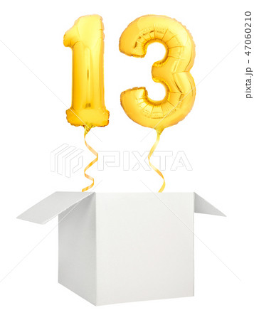 Golden number thirteen balloon flying out of blank white box isolated on white background 47060210