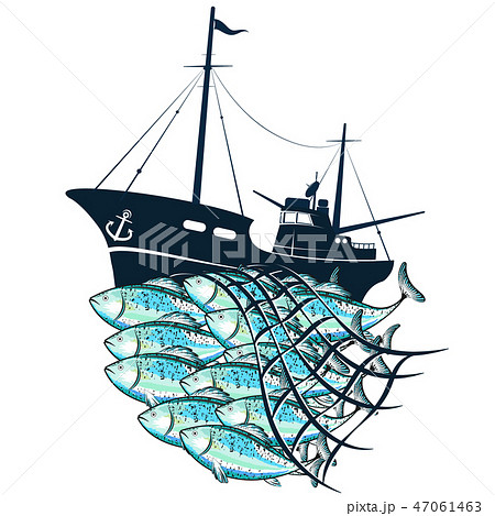 Fishing boat and fish in the fishnet 47061463
