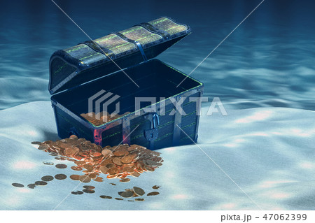 Open treasure chest with gold underwater 47062399