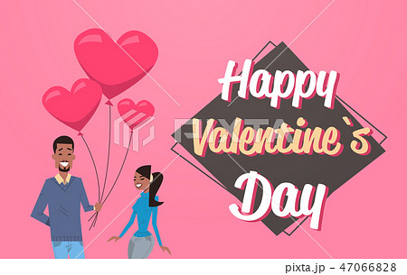 man giving woman pink heart shape air balloons happy valentines day holiday concept african american 47066828