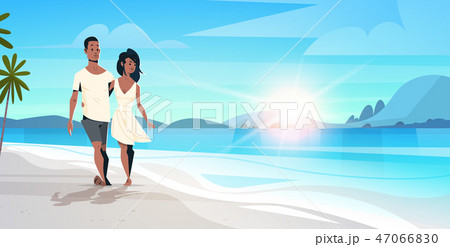 african american couple in love man woman embracing on tropical island sea beach sunrise seascape 47066830