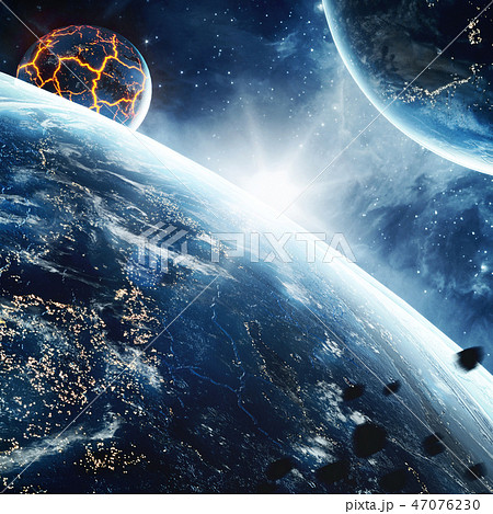 Abstract planet with huge cracks with lava in space. Elements of this image furnished by NASA. Abstract planet with huge cracks with lava in space. Elements of this image furnished by NASA. 47076230