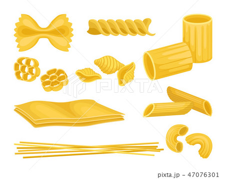 Flat vector set of Italian pasta of different shapes. Uncooked macaroni. Food product 47076301