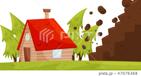 Stones from hillside falling on house. Natural disaster. Dangerous situation. Flat vector design Stones from hillside falling on house. Natural disaster. Dangerous situation. Flat vector design 47076368