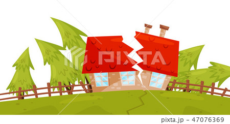Flat vector scene with house destroyed by earthquake, crack in the ground, green fir trees. Natural Flat vector scene with house destroyed by earthquake, crack in the ground, green fir trees. Natural 47076369