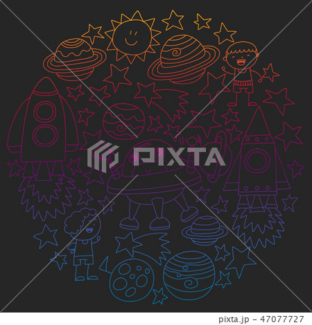 Vector set of space elements icons in doodle style. Painted, colorful, pictures on a piece of paper 47077727