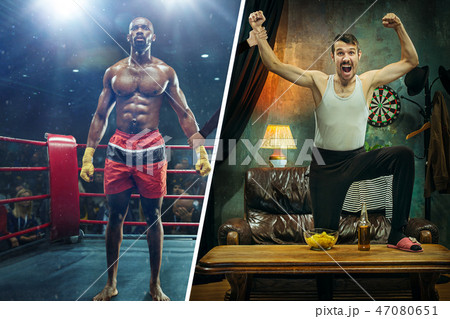 The collage about crazy boxing fan watching match on television at home The collage about crazy boxing fan watching match on television at home 47080651
