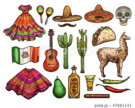 Cinco de Mayo Mexican culture sketch symbols 47081141