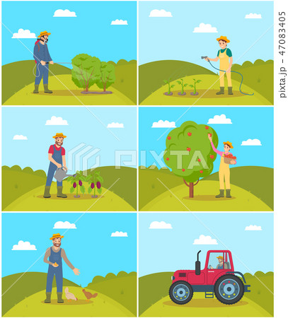 Farmer Spraying Bushes Set Vector Illustration 47083405