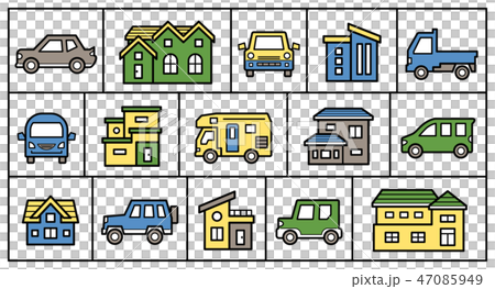 家と車のアイコンギャラリー 線画にライブペイント のイラスト素材