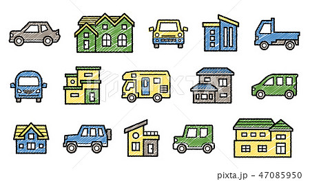 家と車のアイコンギャラリー 手書風線画に落書き風着色 のイラスト素材