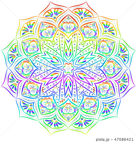 Rainbow mandala pattern on white background. 47086421